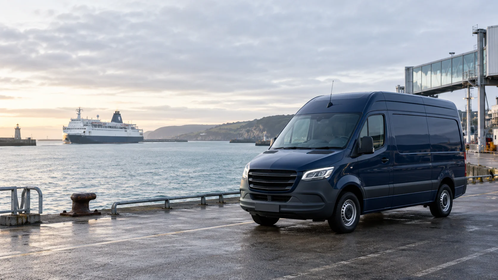 Illustration of a delivery van beside an Irish Sea ferry terminal